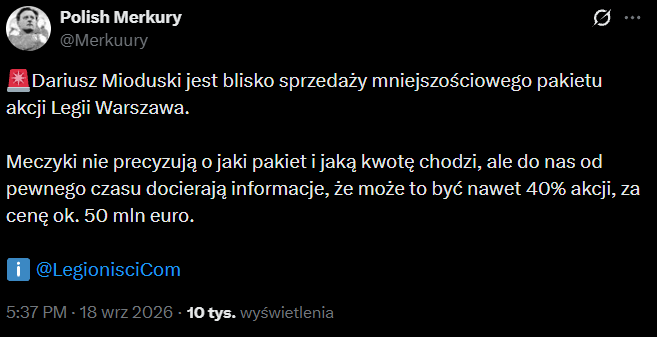 HIT! Za tyle Dariusz Mioduski ma sprzedać 40% LEGII WARSZAWA!
